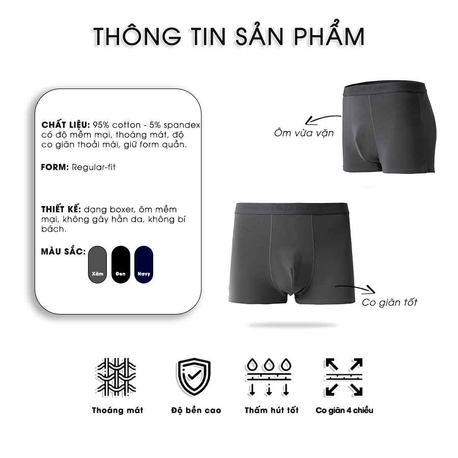 Quần lót nam boxer PAZZINI thun cotton xuất xịn cao cấp, quần sịp nam co giãn 4 chiều, thấm hút kháng khuẩn tốt - BX002.