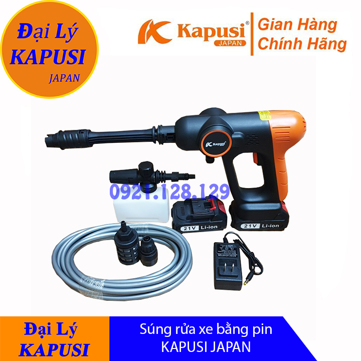 Súng rửa xe dùng pin, Máy xịt tăng áp KAPUSI JAPAN đầy đủ phụ kiện đi kèm