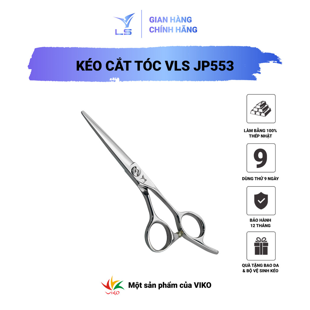 Kéo cắt tóc VLS lưỡi thẳng quai offset vênh đỡ ngón cố định JP553