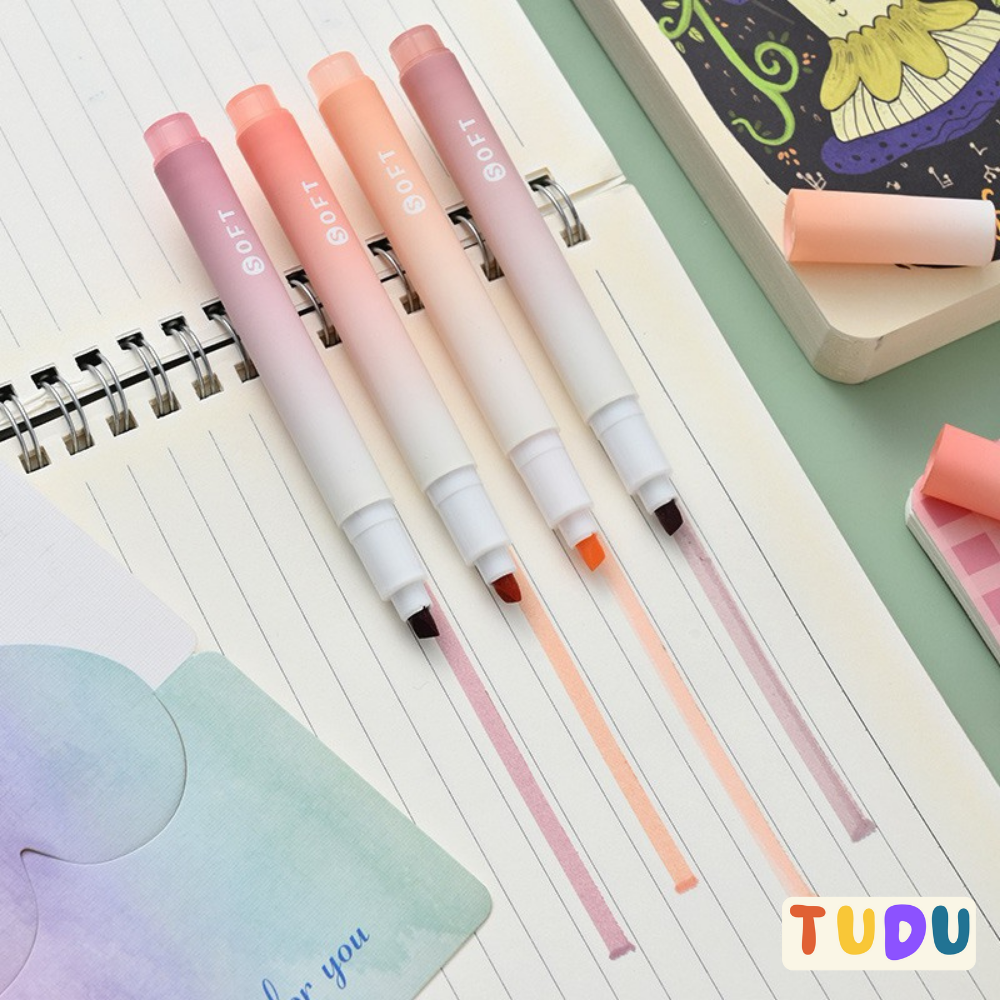Bút dạ quang set 4 chiếc tone pastel xinh, Bút đánh dấu highlight ngòi mềm mại dành cho học sinh, sinh viên, văn phòng