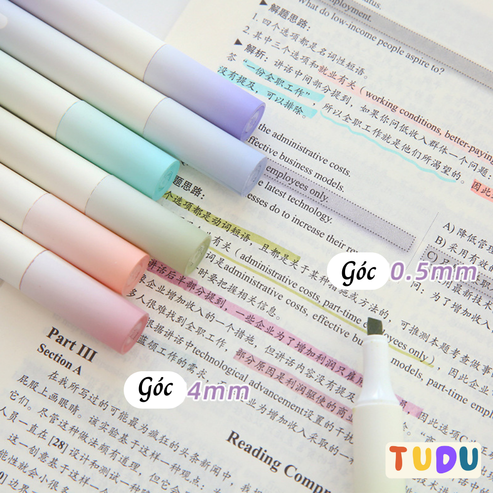 Bút dạ quang set 4 chiếc tone pastel xinh, Bút đánh dấu highlight ngòi mềm mại dành cho học sinh, sinh viên, văn phòng