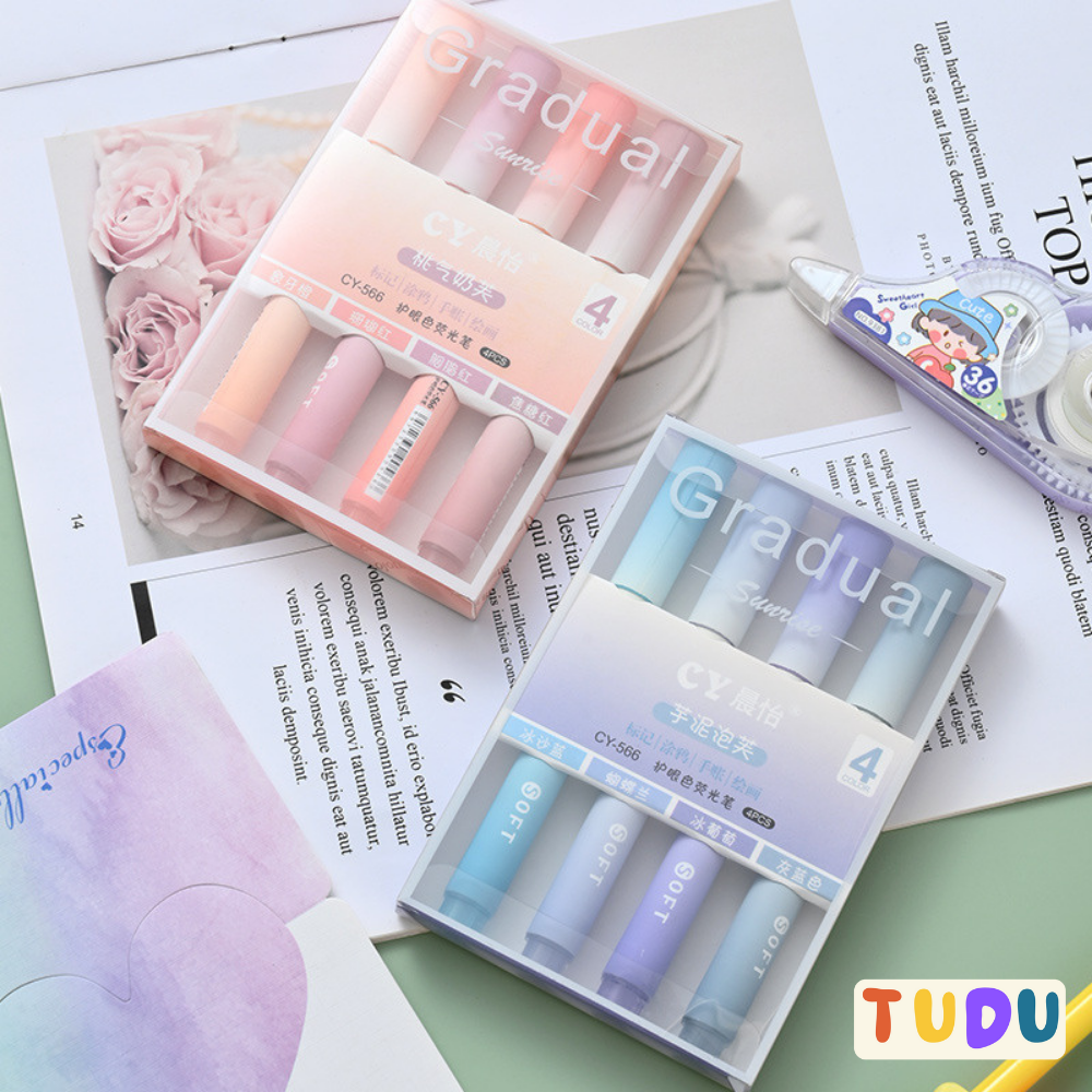Bút dạ quang set 4 chiếc tone pastel xinh, Bút đánh dấu highlight ngòi mềm mại dành cho học sinh, sinh viên, văn phòng