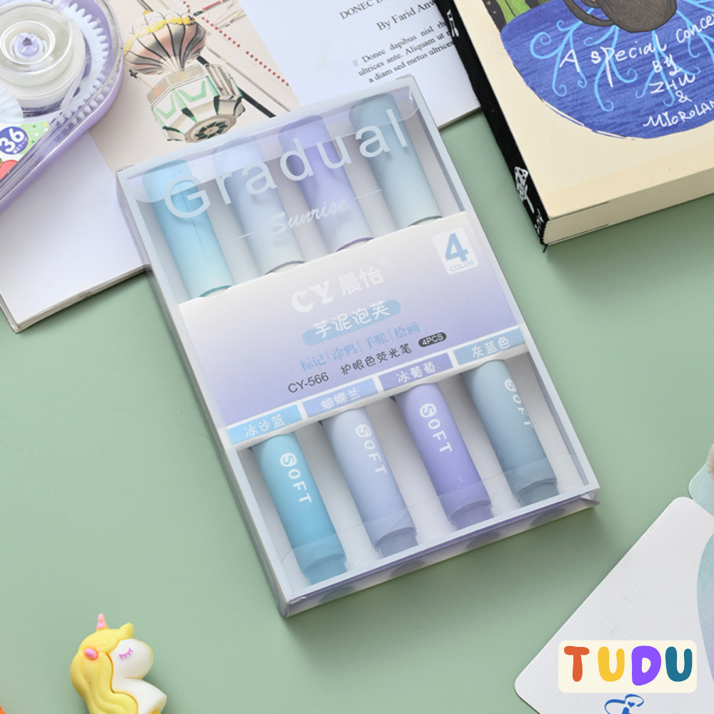 Bút dạ quang set 4 chiếc tone pastel xinh, Bút đánh dấu highlight ngòi mềm mại dành cho học sinh, sinh viên, văn phòng