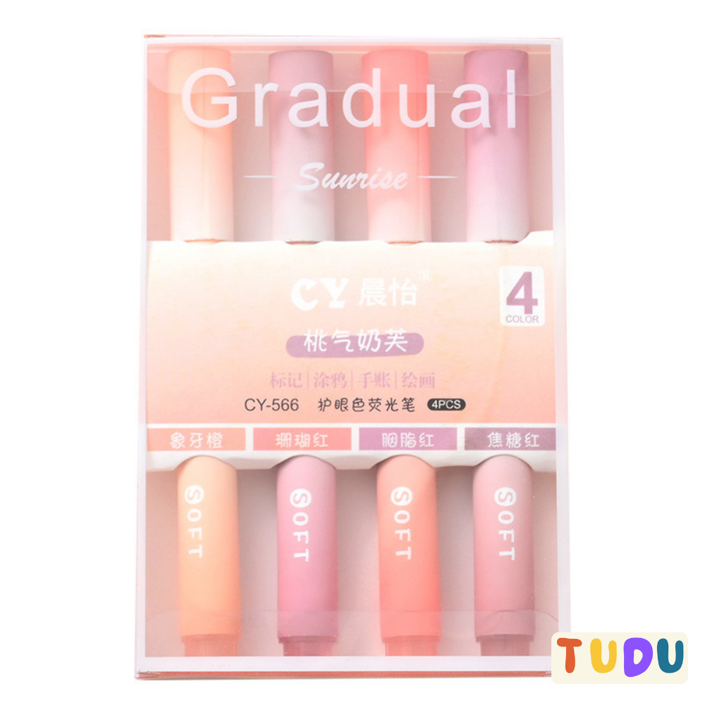 Bút dạ quang set 4 chiếc tone pastel xinh, Bút đánh dấu highlight ngòi mềm mại dành cho học sinh, sinh viên, văn phòng
