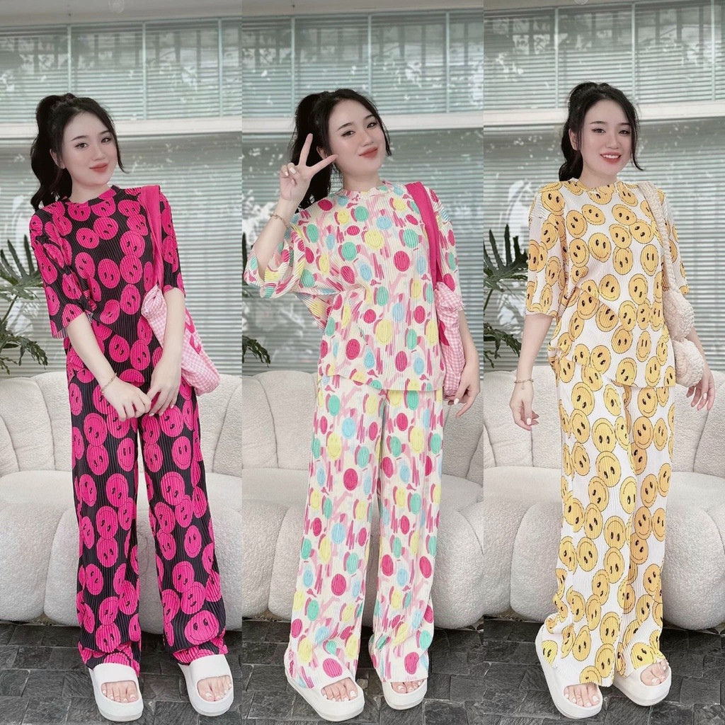 Set đồ bộ nữ áo thun gân in 3d ngắn tay mix quần dài form rộng cho nàng mặc nhà đi chơi, đi dạo [452]