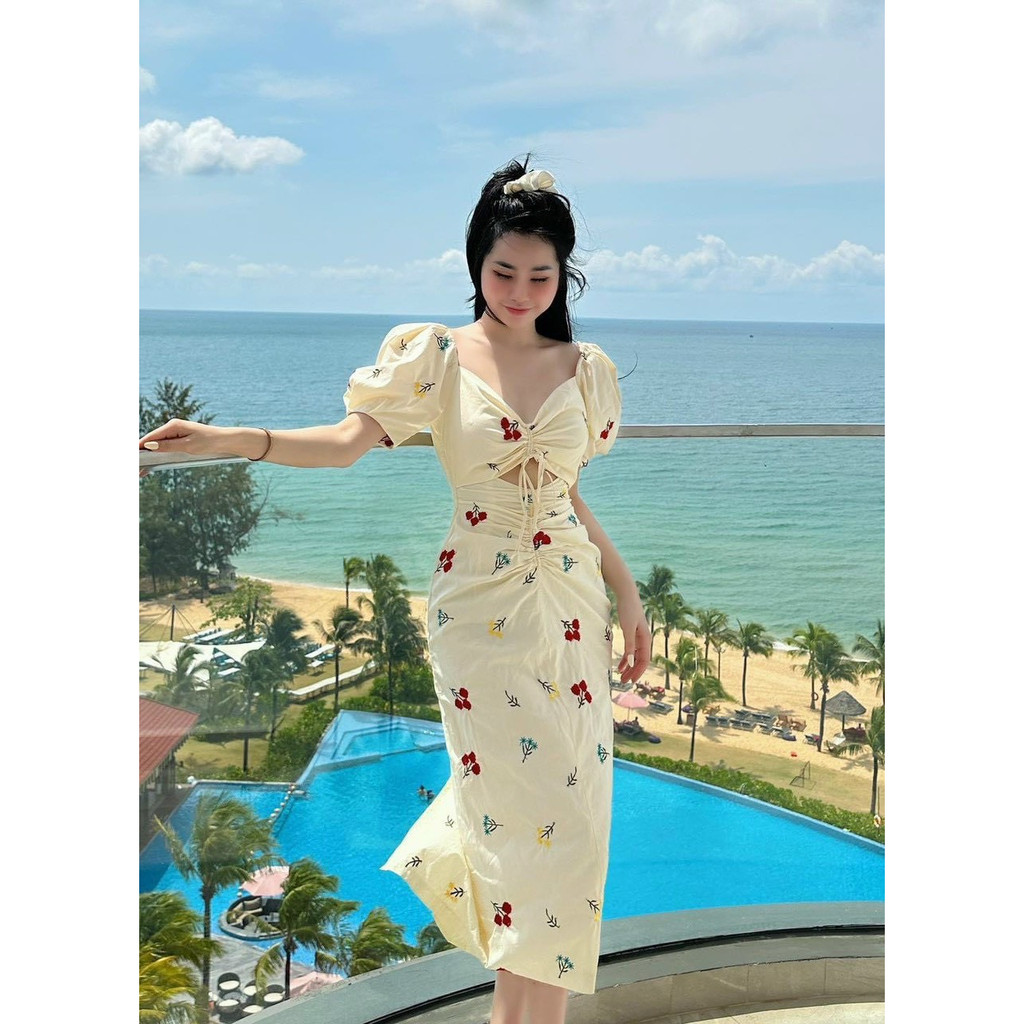 đầm rút dây ở ngực khoét eo in hình chery đỏ mọng hoarv2