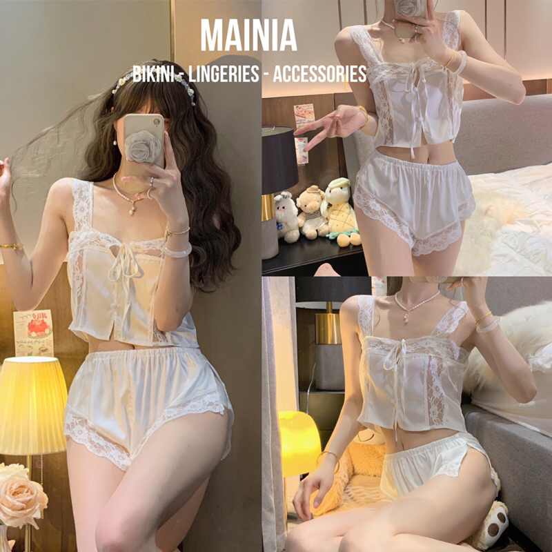 [ HÀNG ĐẸP, LOẠI 1 ] Đồ Ngủ, Đồ Bộ, Set Áo 2 Dây Nút Ngọc Quần Đùi Lụa Satin Xẻ Đùi Siêu Cưng Mainia Shop