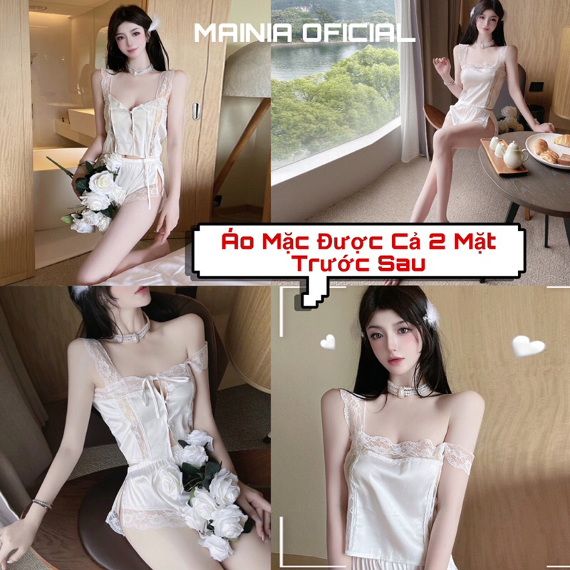 [ HÀNG ĐẸP, LOẠI 1 ] Đồ Ngủ, Đồ Bộ, Set Áo 2 Dây Nút Ngọc Quần Đùi Lụa Satin Xẻ Đùi Siêu Cưng Mainia Shop
