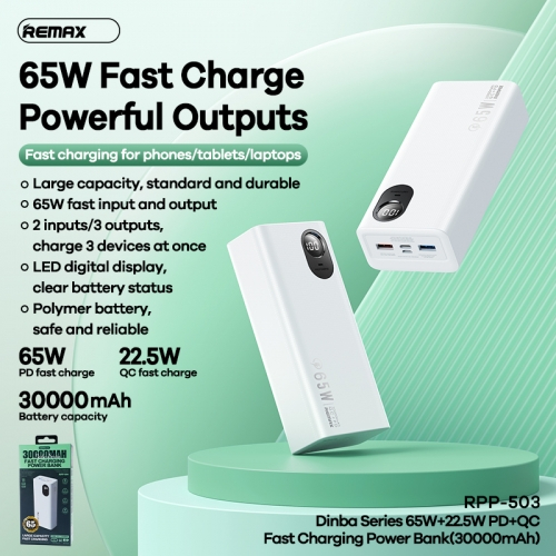 Sạc dự phòng Remax 30000mAh QC3.0+PD 65W chính hãng - sạc nhanh, sạc được laptop có Led