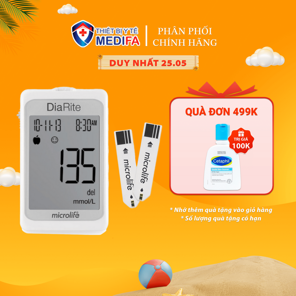 Máy Đo Đường Huyết Microlife DiaRite BGM Màn Hình LCD Lớn Tặng Kèm 50 Que Thử Đường Huyết
