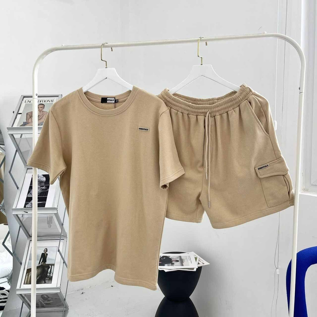 ❤ VẢI ĐẸP ❤  Set Đồ Nam Nữ - Bộ Thể Thao Mặc Nhà Unisex Trơn Gồm Áo Thun Tay Lỡ + Quần Đùi Short KaKi Mềm Mịn