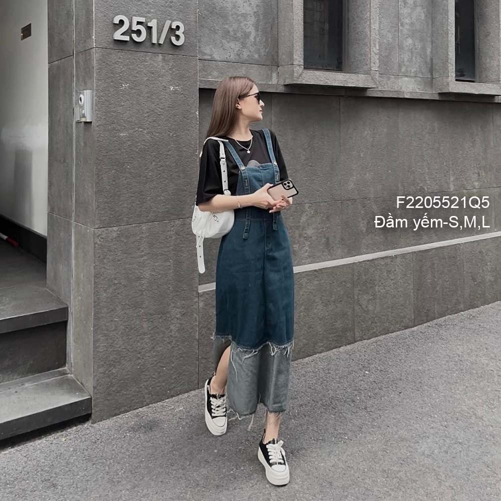 Đầm yếm jean dáng dài xẻ tà 2 dây [BEXU]
