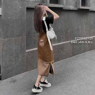 Đầm yếm jean dáng dài xẻ tà 2 dây [BEXU]