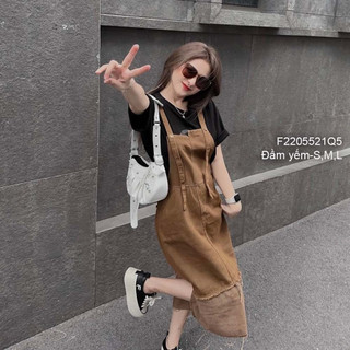 Đầm yếm jean dáng dài xẻ tà 2 dây [BEXU]