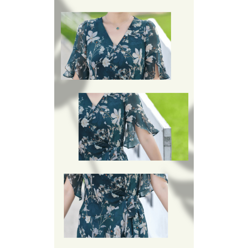 Đầm trung niên , Váy trung niên sang trọng cho mẹ U40,U50, che khuyết điểm, dáng xòe hoa xanh