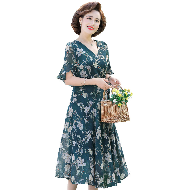 Đầm trung niên , Váy trung niên sang trọng cho mẹ U40,U50, che khuyết điểm, dáng xòe hoa xanh