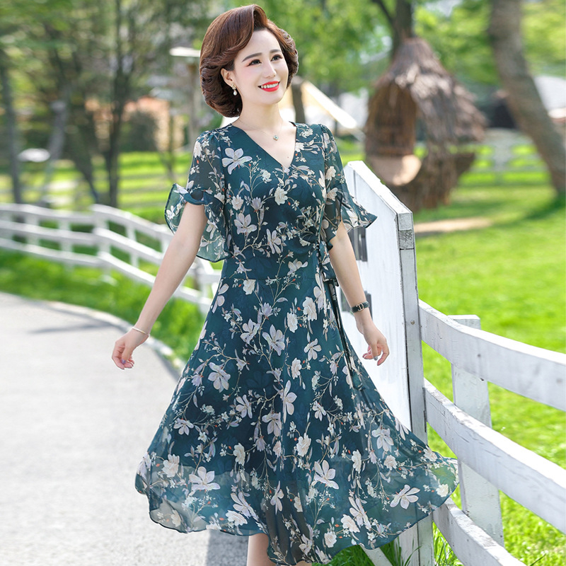 Đầm trung niên , Váy trung niên sang trọng cho mẹ U40,U50, che khuyết điểm, dáng xòe hoa xanh