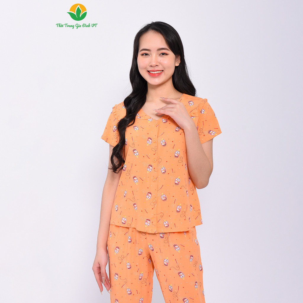 Bộ pijama lanh mặc nhà nữ mùa hè Việt Thắng, quần dài, áo cộc tay - B08.2311