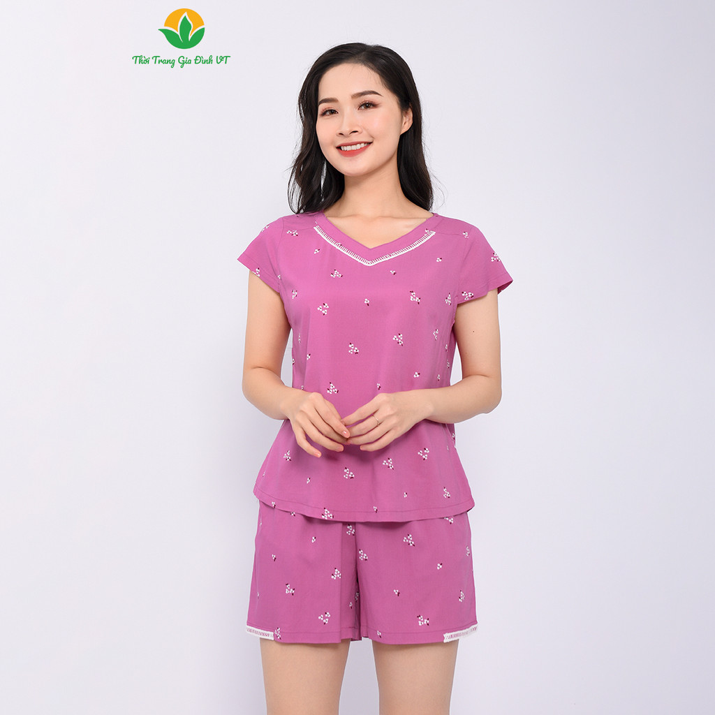 Bộ lanh mặc nhà nữ Việt Thắng, quần đùi, áo cộc tay cổ tim - B03.2302