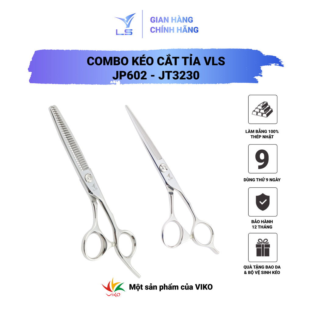 Combo 2 kéo cắt tỉa cao cấp VLS, kéo cắt lưỡi thẳng JP602, kéo tỉa chuôi offset răng cong JT3230