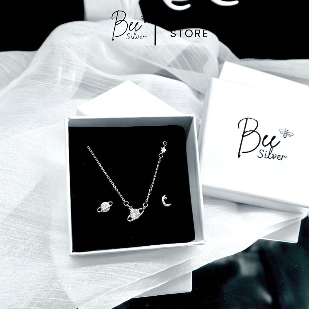 Dây chuyền bạc nữ 925 Bee Silver mặt sao thổ lấp lánh Saturn Necklace