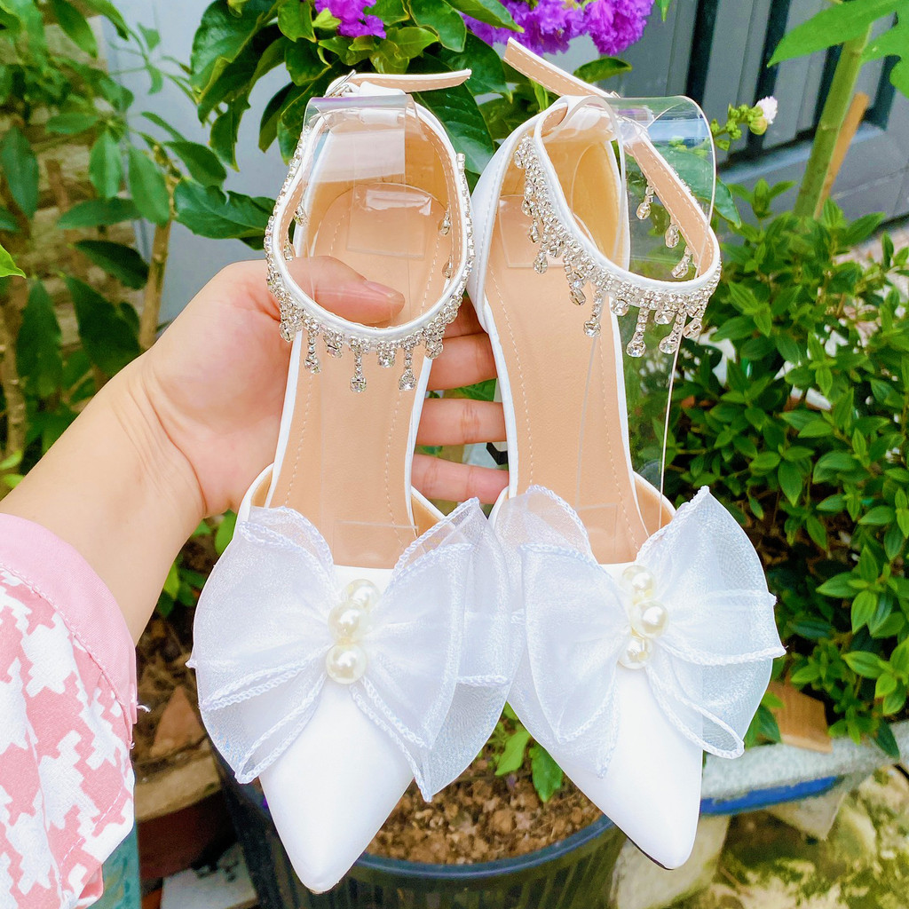 Giày cô dâu tua đá cao 10 phân CHÂN GẦY MỎNG ĐI LÙI SIZE