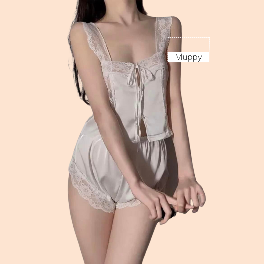 B01  Bộ Ngủ Lụa Bộ Mặc Nhà MUPPY Phối Ren Xẻ Đùi Sexy Gợi Cảm Thoáng Mát Cho Mùa Hè