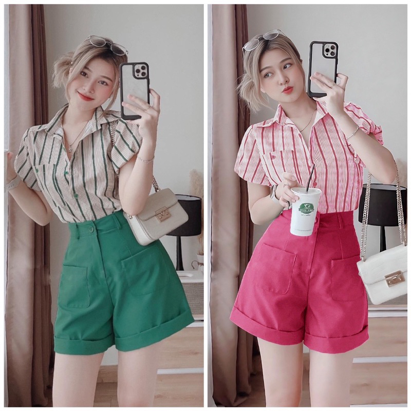 Set Bộ Áo Sơmi Kẻ Sọc Kèm Quần Sooc Kaki