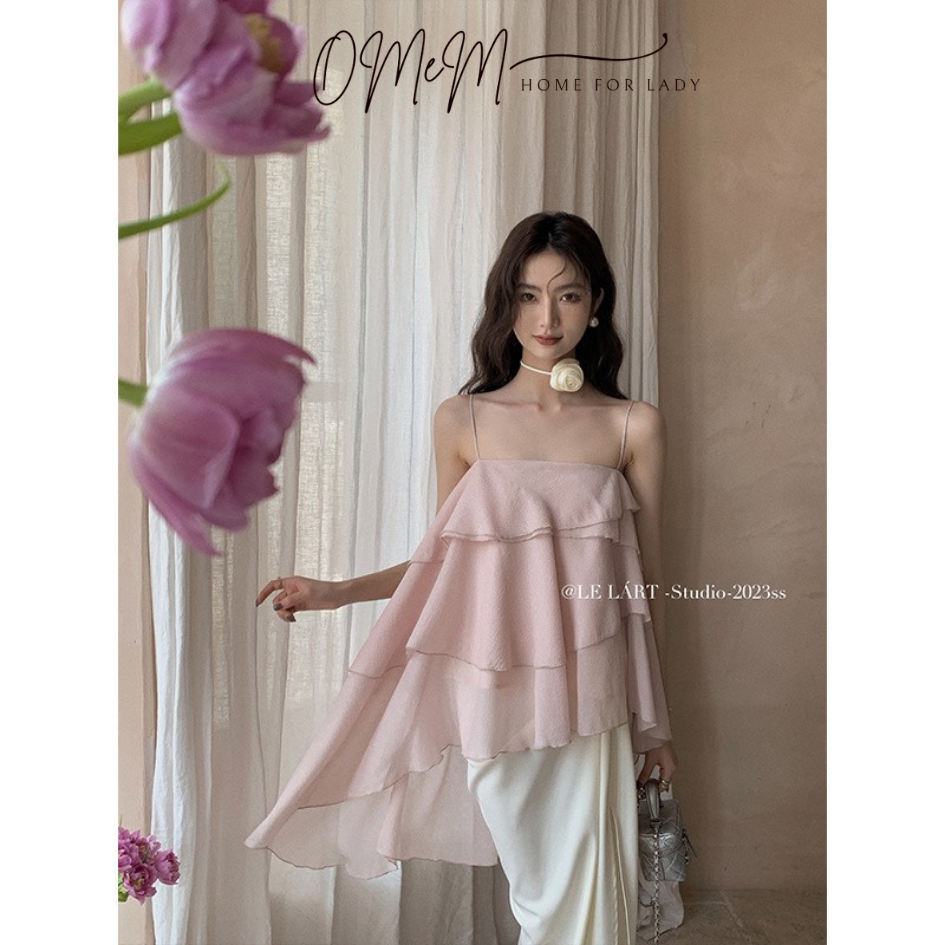 Áo hai dây lụa đũi Omem home hai lớp xếp tầng trẻ trung đi chơi đi biển dáng xoè có tà sau cách điệu mịn mát hot trend