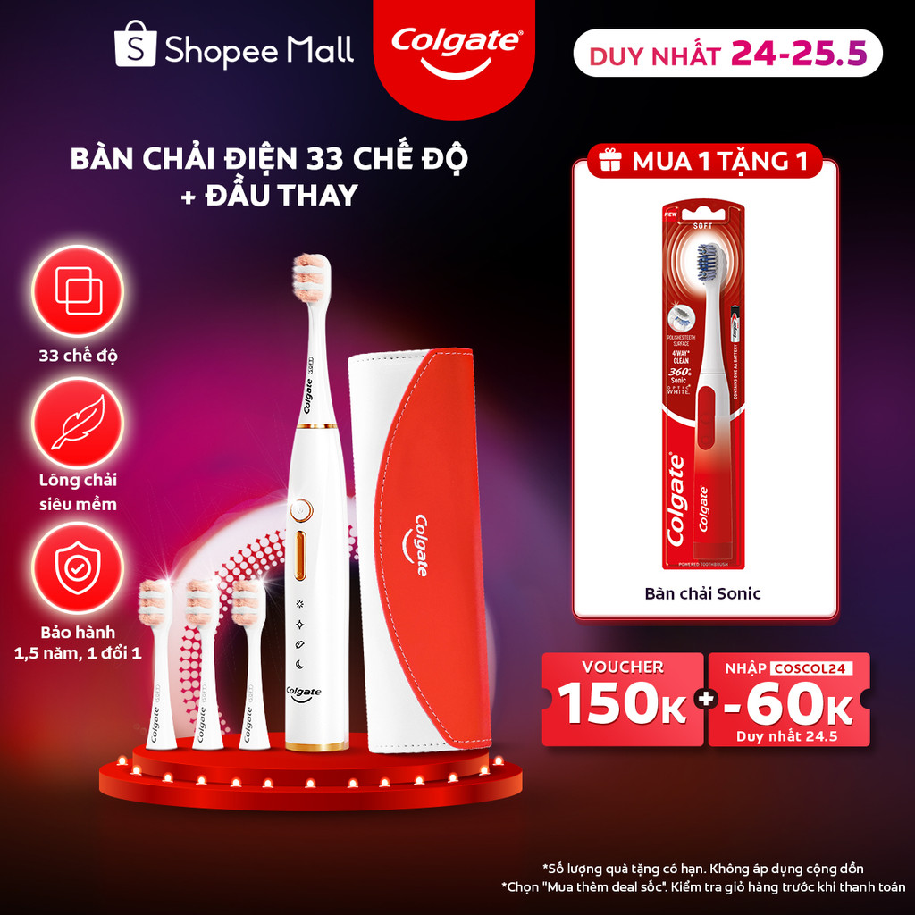 Combo Bàn chải điện Colgate 33 chế độ + 2 đầu thay làm trắng răng
