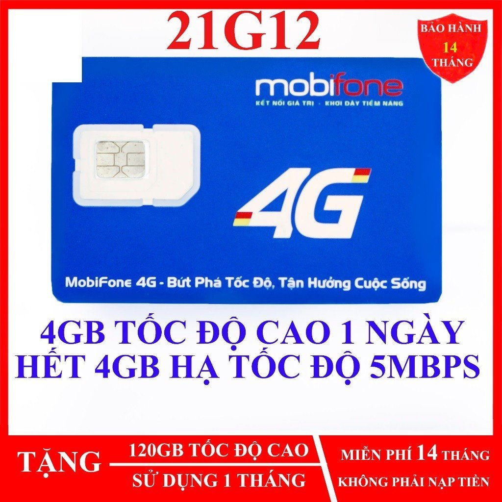 SIM MOBI 4G 21G12 TẶNG NGAY 120GB/THÁNG SỬ DỤNG TRỌN GÓI 14 THÁNG KHÔNG CẦN NẠP - MUA 1 LẦN DÙNG CẢ NĂM