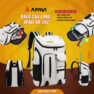 Balo cầu lông Apavi AB-202 Trắng đen, sức chứa lớn, phom cứng cáp, chống thấm nước, ngăn để vợt để giày riêng