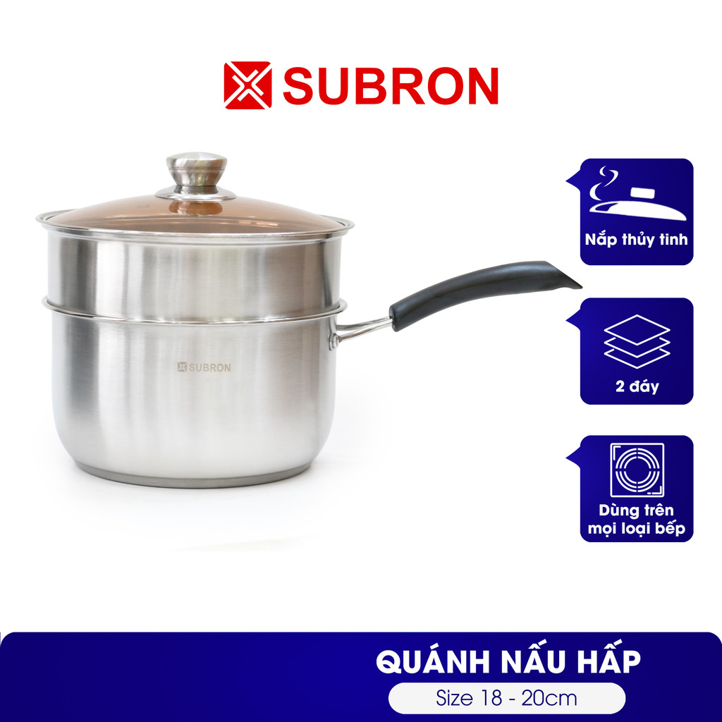 Nồi quánh inox 2 đáy cao cấp SUBRON, quánh inox đa năng nấu bột, có xửng hấp đồ ăn dặm cho bé - Dùng được mọi loại bếp