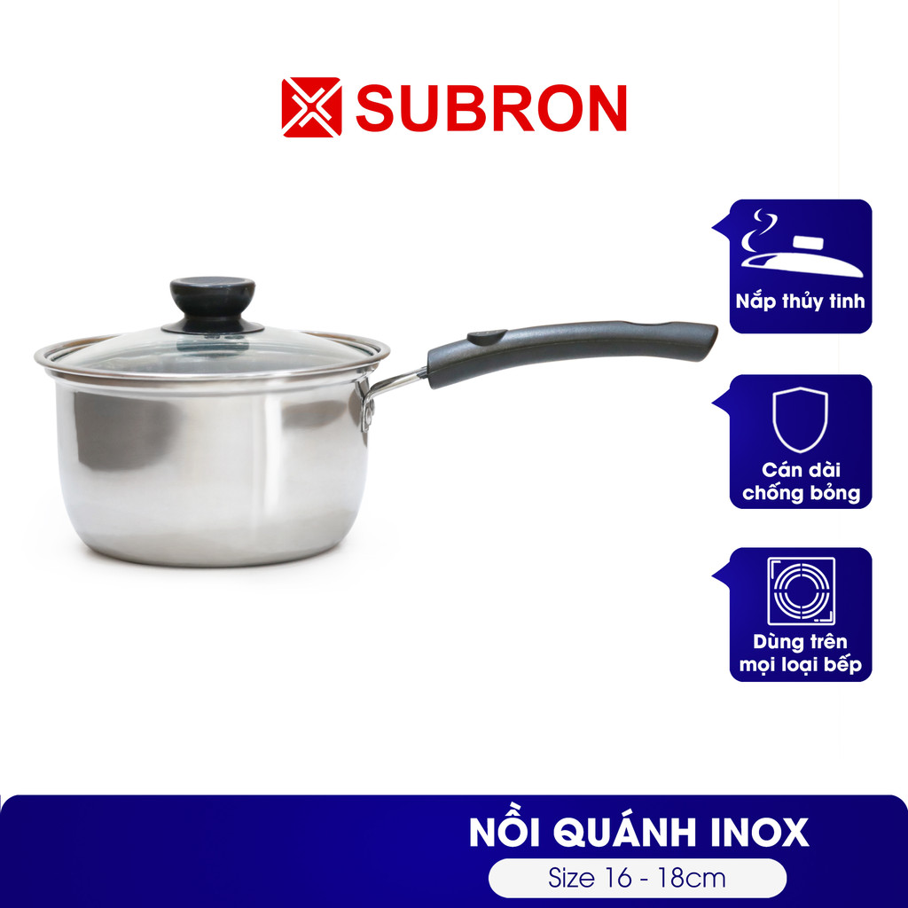 Nồi inox đa năng cán dài Subron, dùng cho mọi loại bếp, có vung kính sạch sẽ, an toàn