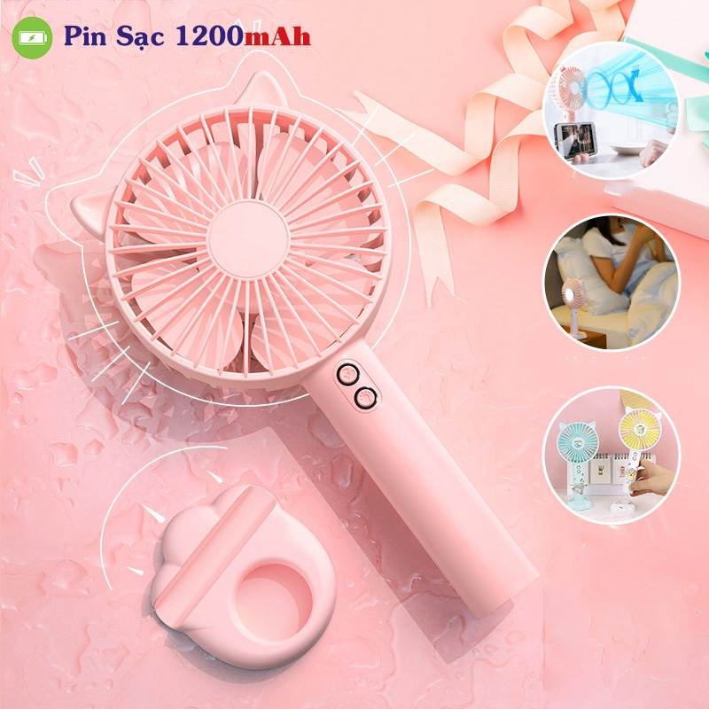 Quạt Tích Điện Mini Cầm Tay Tai Mèo Có Đế Để Bàn - Có Đèn Chiếu Sáng - 3 Cấp Độ Gió - Tặng Kèm Sạc & Pin 1200mAh
