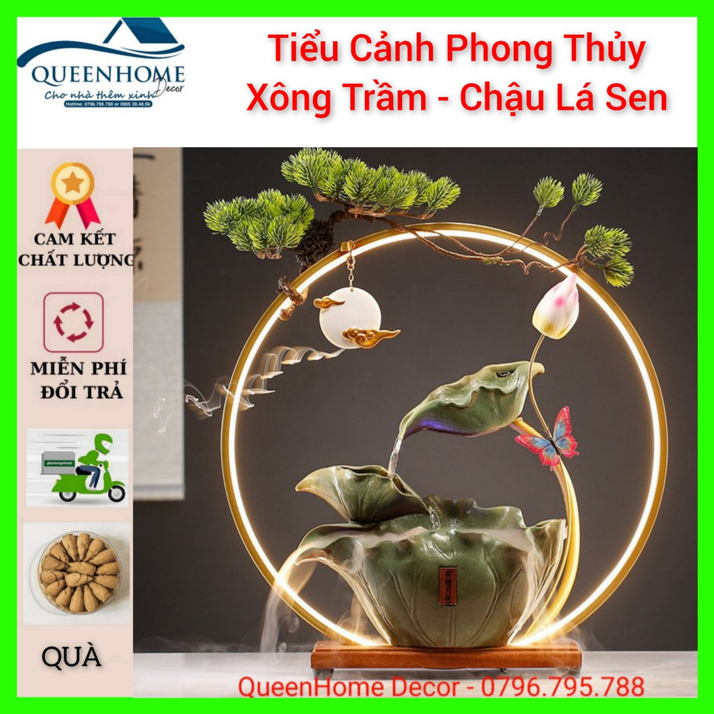 Thác Nước Phong Thuỷ Mẫu SEN- Thác Khói trầm Hương có đèn Led và đài phun nước phun sương - QueenHome