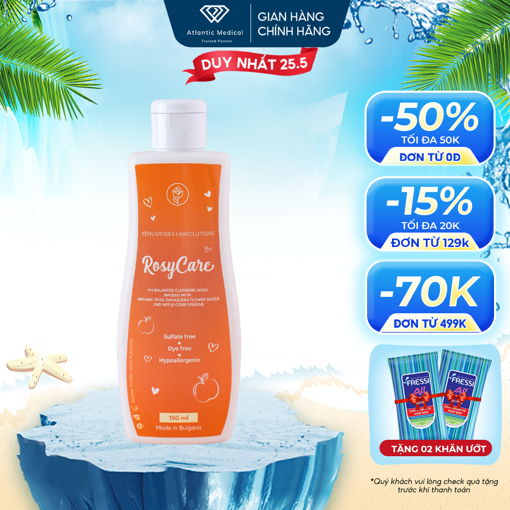 Dung Dịch Vệ Sinh Phụ Nữ ROSYCARE Dạng Gel Làm Sạch Ngăn Ngừa Viêm Nhiễm Dưỡng Ẩm Khử Mùi Hiệu Quả Cho Vùng Kín 150ML