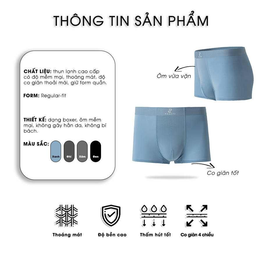 Combo 5 quần lót nam boxer PAZZINI thun lạnh cao cấp, quần sịp nam co giãn, thấm hút kháng khuẩn tốt - BX006.