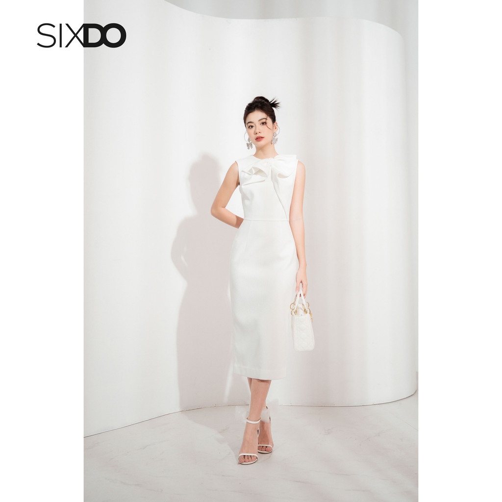 Đầm midi trắng sát nách dáng bút chì tạo kiểu nơ cổ thời trang SIXDO (White Bowtie Midi Raw Dress)
