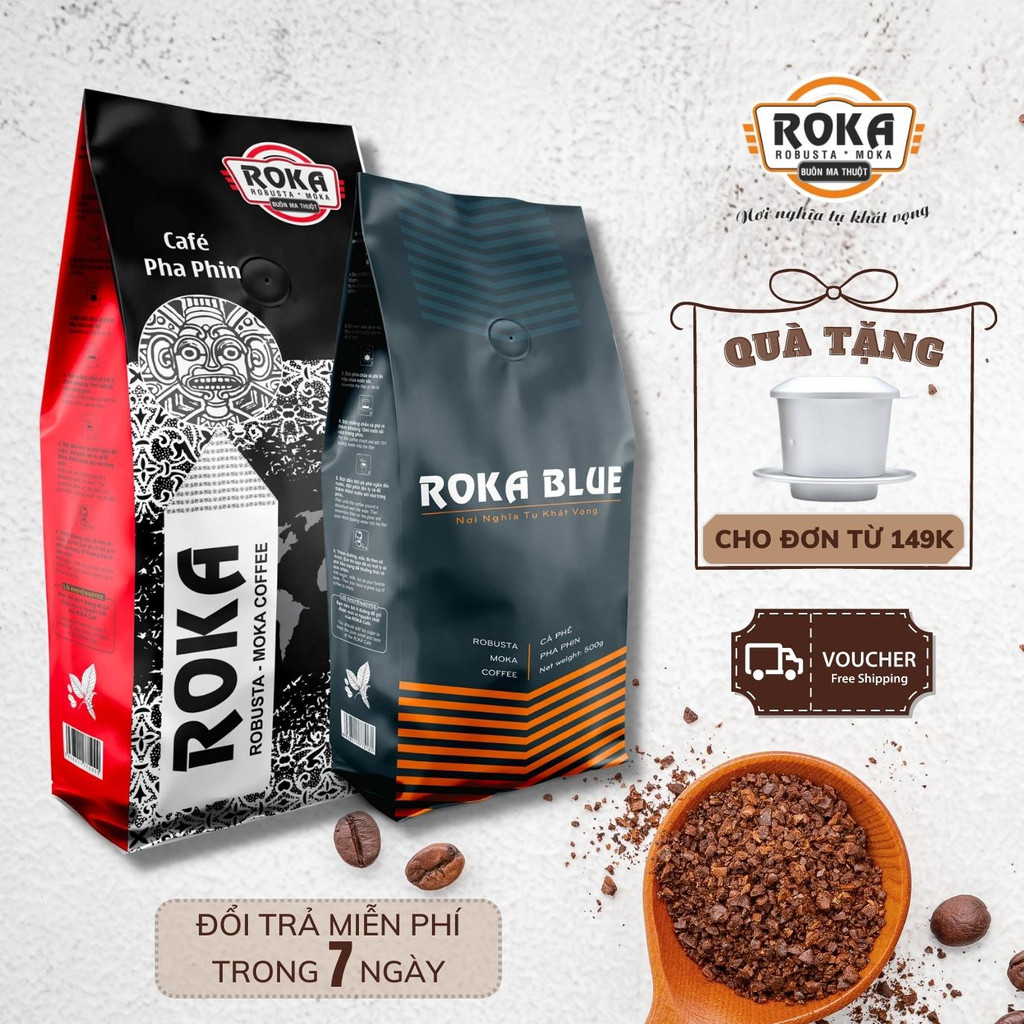 COMBO Cà Phê Rang Xay Truyền Thống Vị Đậm Đà Thơm Nhẹ Tự Nhiên - Roka Blue + Roka Red Premium