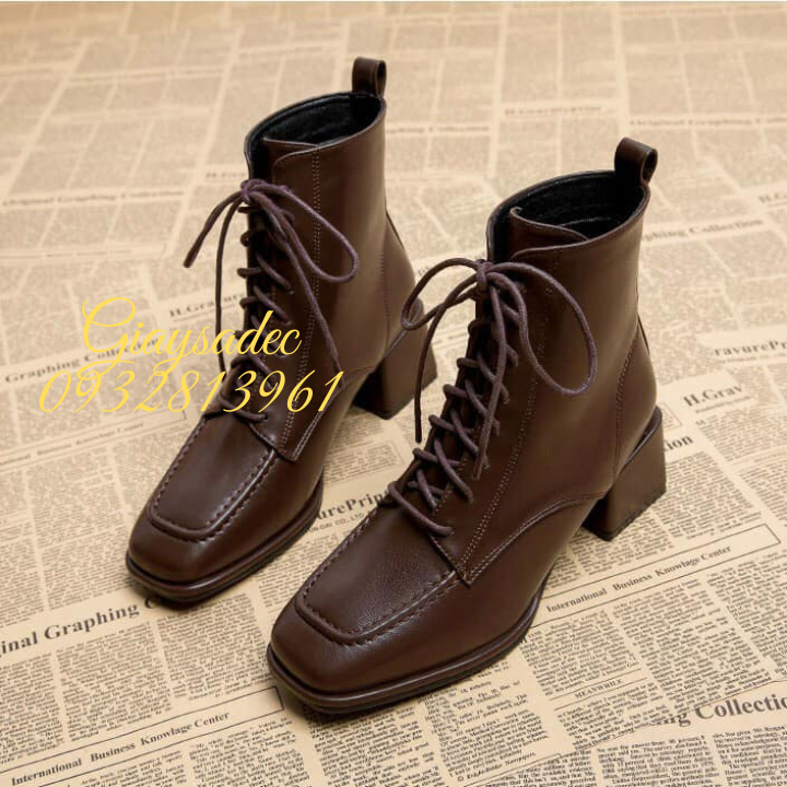 Giày boot cổ lừng mũi vuông đế 5cm màu nâu GBCL36B