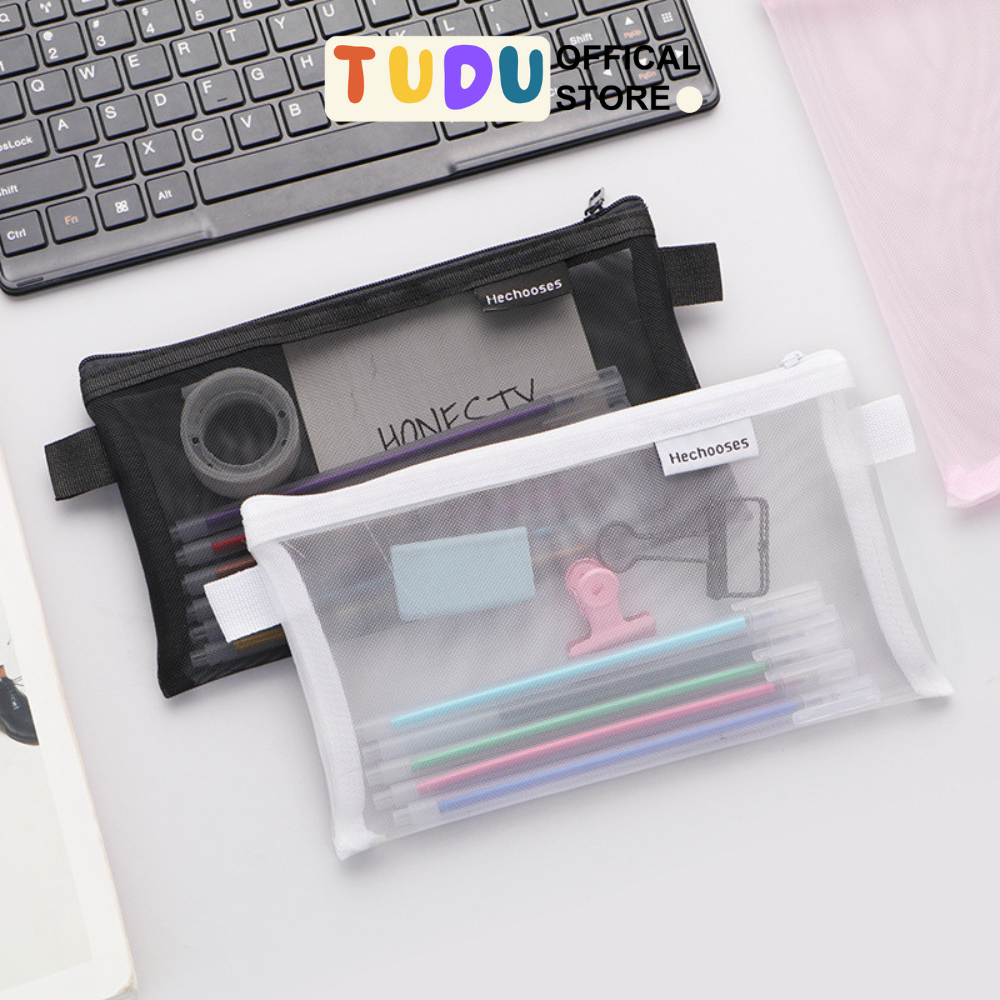 Hộp bút lưới TUDU, túi đựng bút phong cách Hàn Quốc có khóa khéo ngang tiện dụng dành cho học sinh