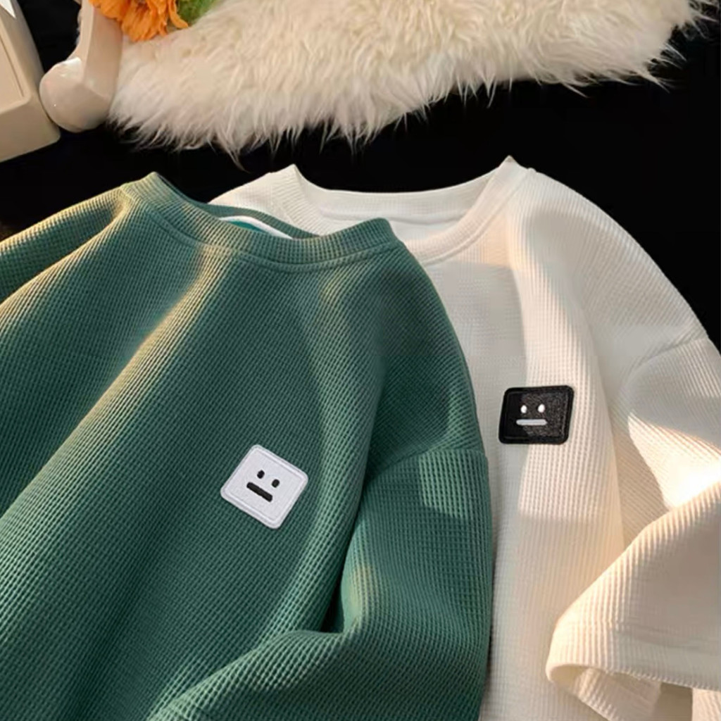 Áo Thun Nam Nữ Chất Cotton Tổ Ong Thêu Logo Mặt Cười, Áo Phông Unisex Cho Mùa Hè Năng Động