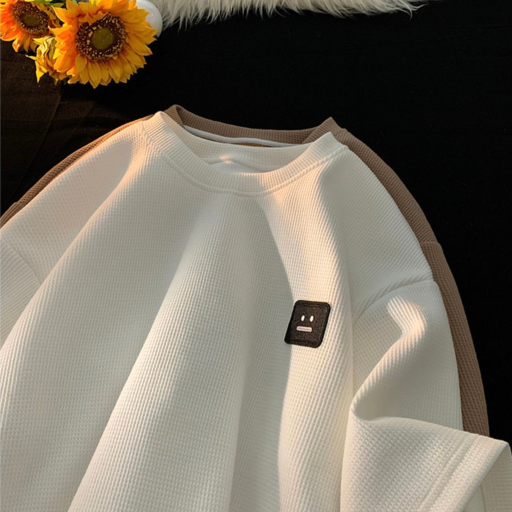 Áo Thun Nam Nữ Chất Cotton Tổ Ong Thêu Logo Mặt Cười, Áo Phông Unisex Cho Mùa Hè Năng Động