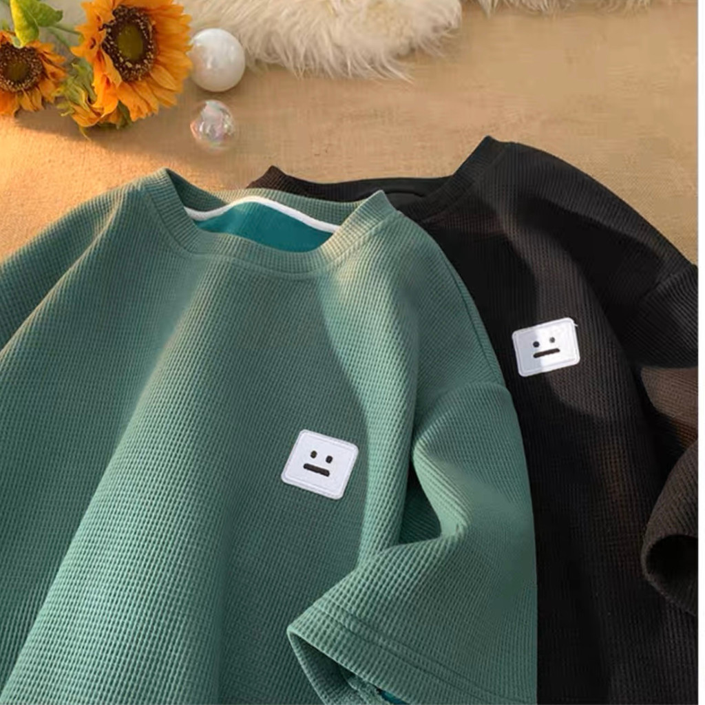 Áo Thun Nam Nữ Chất Cotton Tổ Ong Thêu Logo Mặt Cười, Áo Phông Unisex Cho Mùa Hè Năng Động