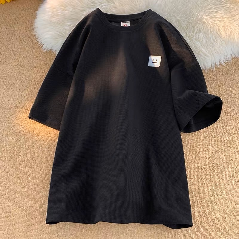 Áo Thun Nam Nữ Chất Cotton Tổ Ong Thêu Logo Mặt Cười, Áo Phông Unisex Cho Mùa Hè Năng Động