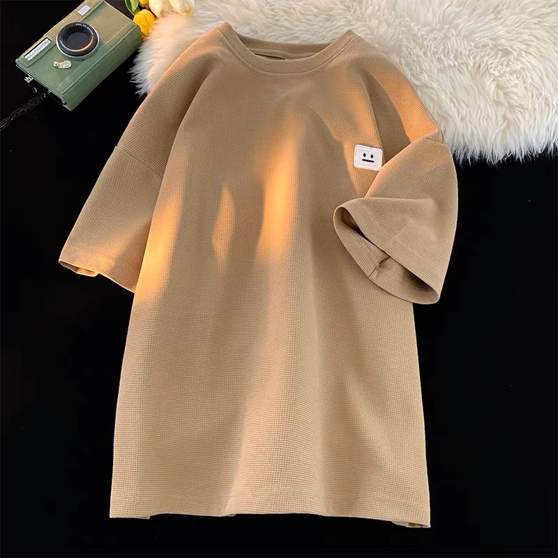 Áo Thun Nam Nữ Chất Cotton Tổ Ong Thêu Logo Mặt Cười, Áo Phông Unisex Cho Mùa Hè Năng Động