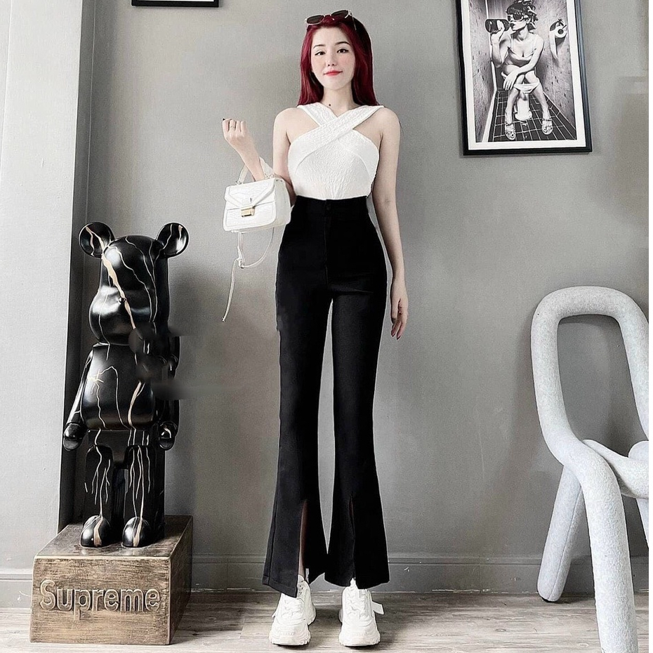Sét Quần Ống Loe Tuyết Mưa Xẻ Kèm Áo Chéo Cổ Dây cho nữ phong cách tiểu thư siêu đẹp siêu sang chảnh
