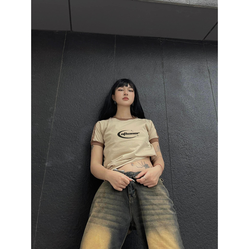 Áo Thun Baby Tee Phối Tay Sọc ATHANOR Chính Hãng Cotton 100% Mẫu Y2K