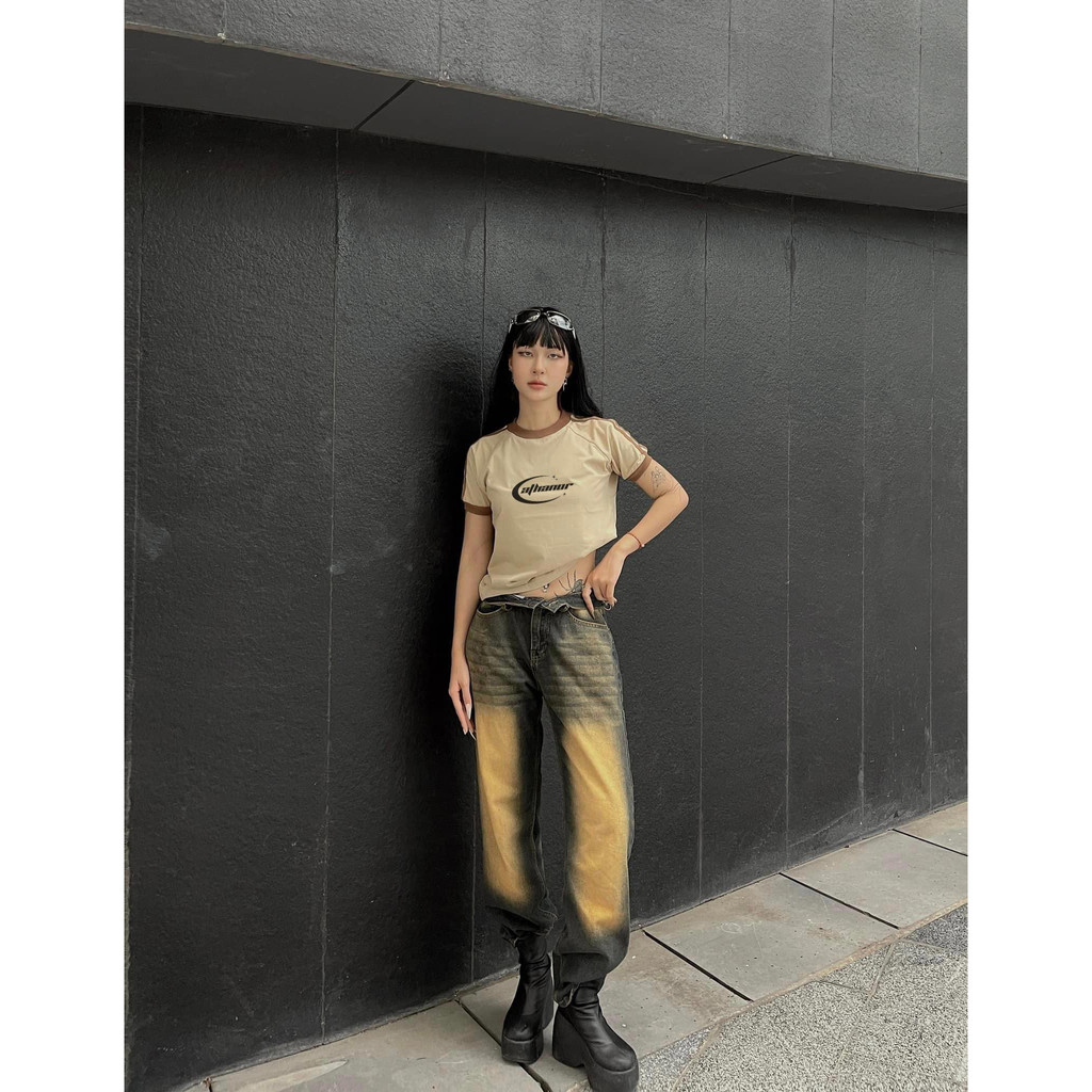 Áo Thun Baby Tee Phối Tay Sọc ATHANOR Chính Hãng Cotton 100% Mẫu Y2K